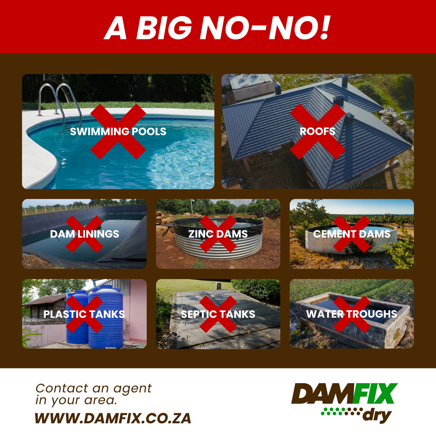 The image highlights where DAMFIX Dry should not be used. It includes visuals of swimming pools, roofs, dam linings, zinc dams, cement dams, plastic tanks, septic tanks, and water troughs, emphasizing unsuitable applications for the product.