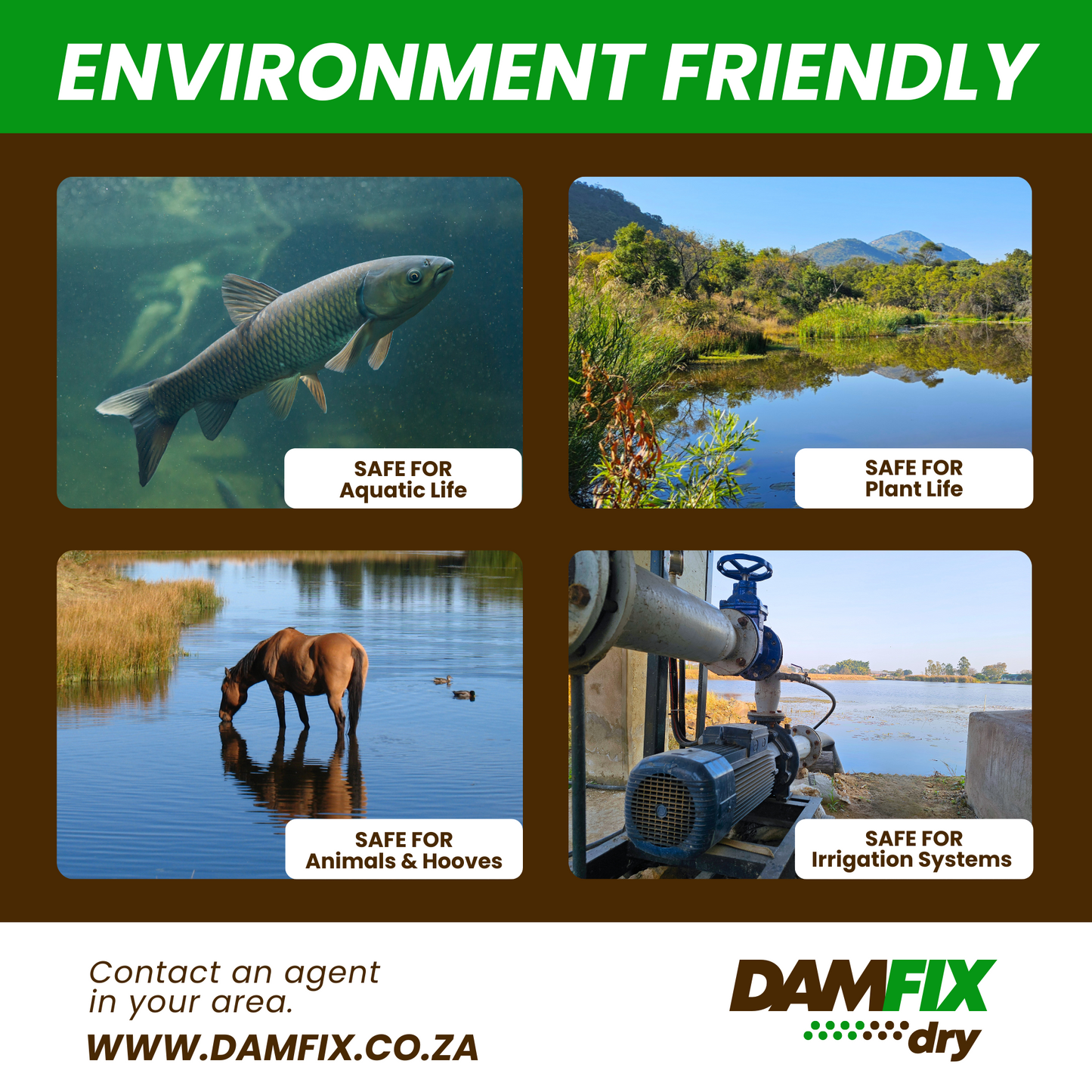 The image highlights DAMFIX Dry’s environmentally friendly properties. It features a fish to represent safety for aquatic life, a dam surrounded by plants and mountains to indicate safety for plant life, a horse drinking from the dam to demonstrate safety for animals and hooves, and an irrigation pump to signify compatibility with irrigation systems.
