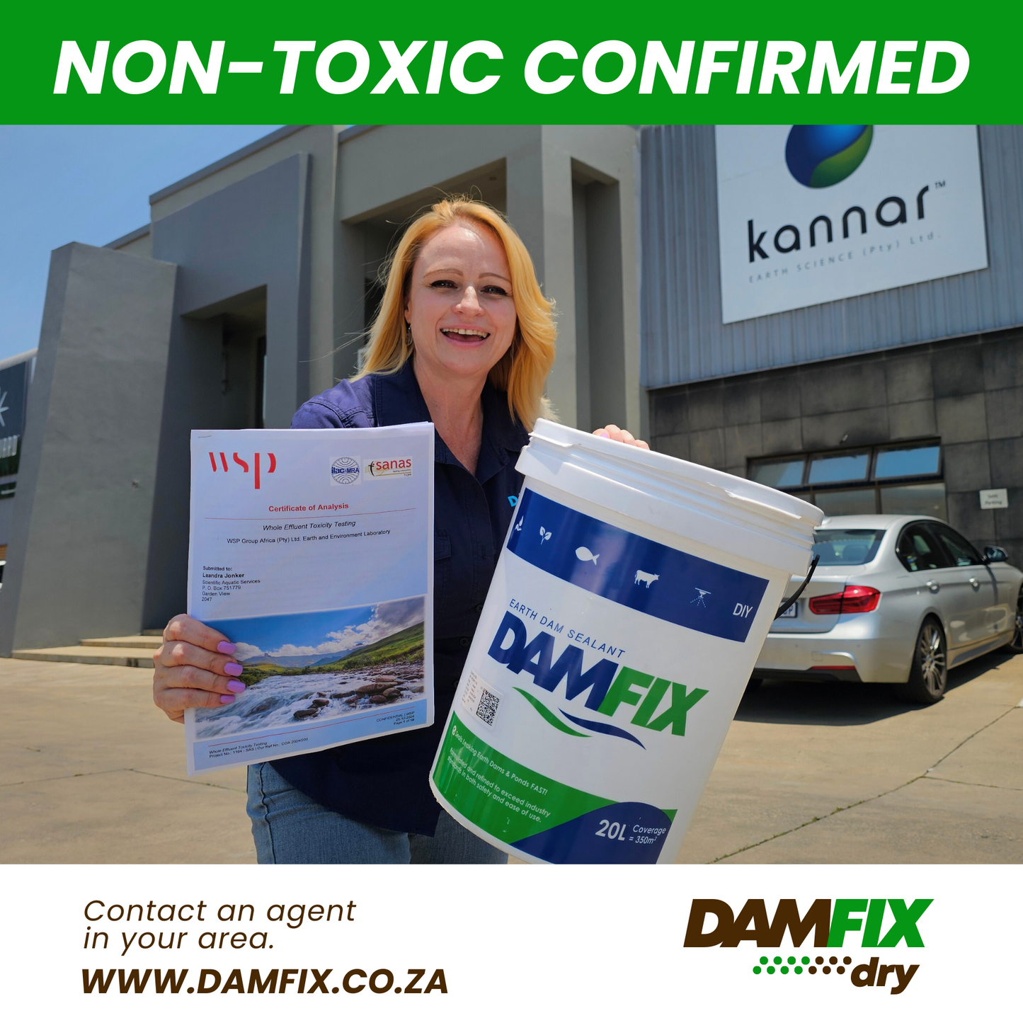 A building is shown with a Kannar Board and a WSP Non-Toxic Report displayed prominently. Belinda stands nearby, holding a 20L bucket of DAMFIX, emphasizing the product's non-toxic certification.