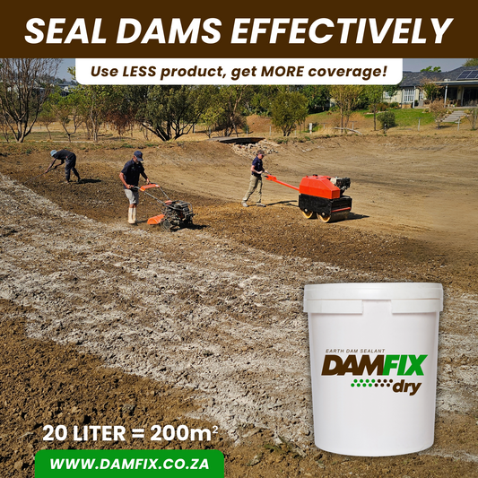 The image shows three workers inside an empty dam applying DAMFIX Dry. One worker is raking the soil, another is tilling DAMFIX Dry into the soil, and the third worker follows with a roller Bomag to compact the surface area. A 20L DAMFIX Dry bucket is displayed in the bottom right corner. Text highlights: “DAMFIX Dry seals dams effectively, use less product, and get more coverage.”