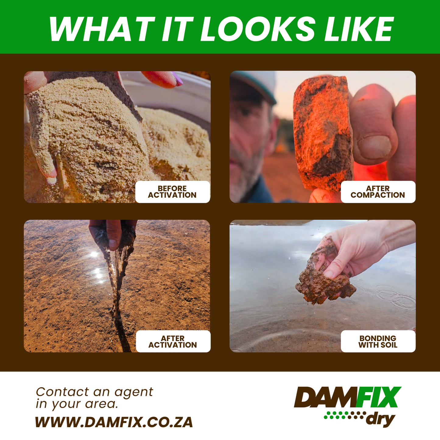 The image illustrates the appearance of DAMFIX Dry through four stages. First, it shows the product in its initial dry form, which is brown in color. Second, it demonstrates how it becomes solid and integrates with the soil after compaction. Third, it reveals the polymer transforming into a gel upon activation with water. Finally, it shows the fully activated gel bonding securely with the soil to create a stable seal.