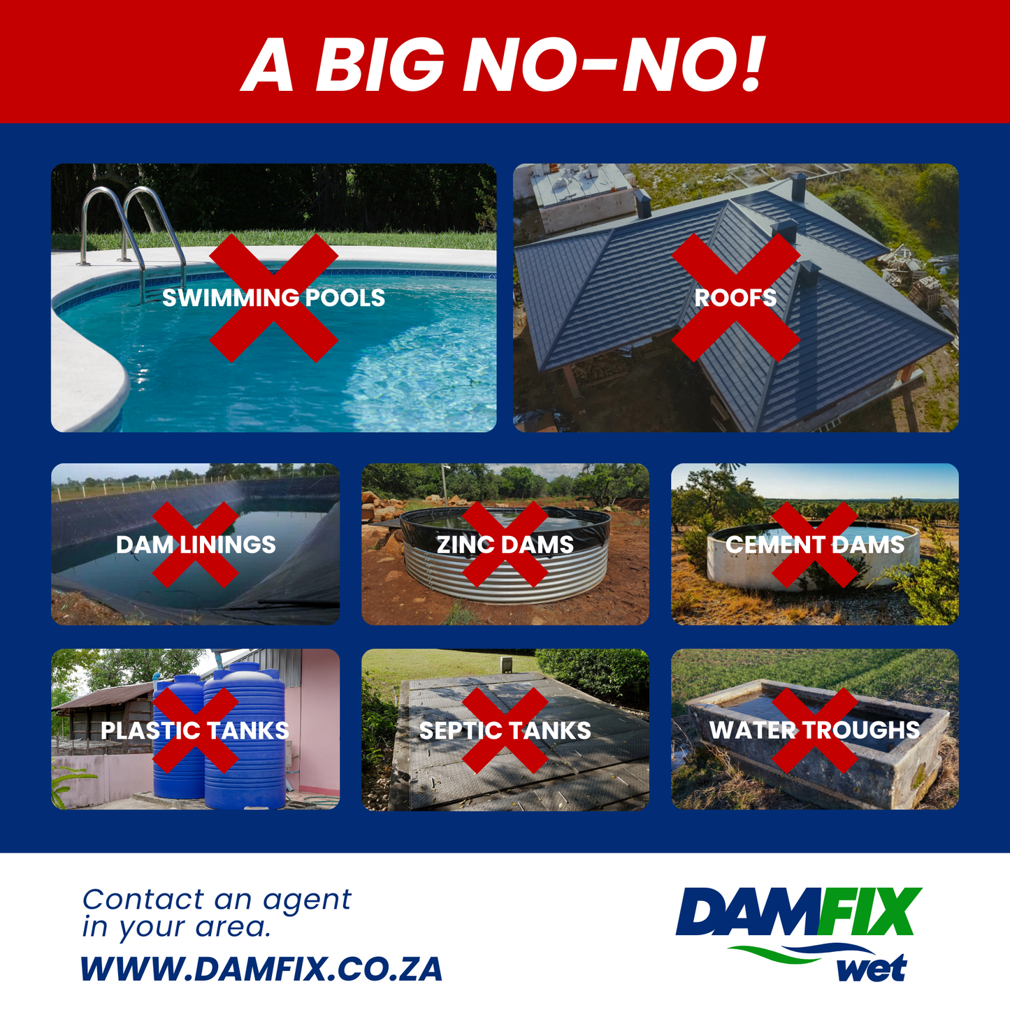 The image highlights where DAMFIX Wet Earth Dam Sealant should not be used. It includes visuals of swimming pools, roofs, dam linings, zinc dams, cement dams, plastic tanks, septic tanks, and water troughs, emphasizing unsuitable applications for the product.