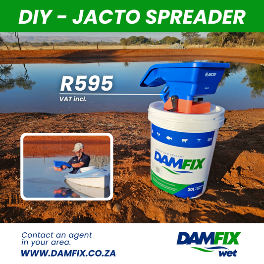 A 20L DAMFIX Wet Earth Dam Sealant bucket is shown alongside a Jacto Spreader, demonstrating its DIY application. Ryan is pictured applying DAMFIX Wet Earth Dam Sealant with a canoe using the Jacto Spreader, highlighting its ease of use for DIY projects.
