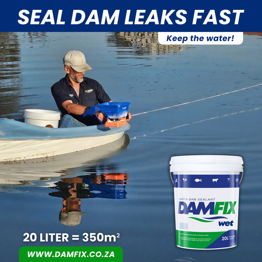 DAMFIX Wet Earth Dam Sealant Seals Leaks Fast. Ryan is shown on a canoe applying DAMFIX Wet Earth Dam Sealant to a dam using a Jacto Spreader, demonstrating that the product can be applied without draining the water. A 20L DAMFIX Wet Earth Dam Sealant bucket is visible in the bottom right corner, while product coverage details are displayed in the bottom left corner.
