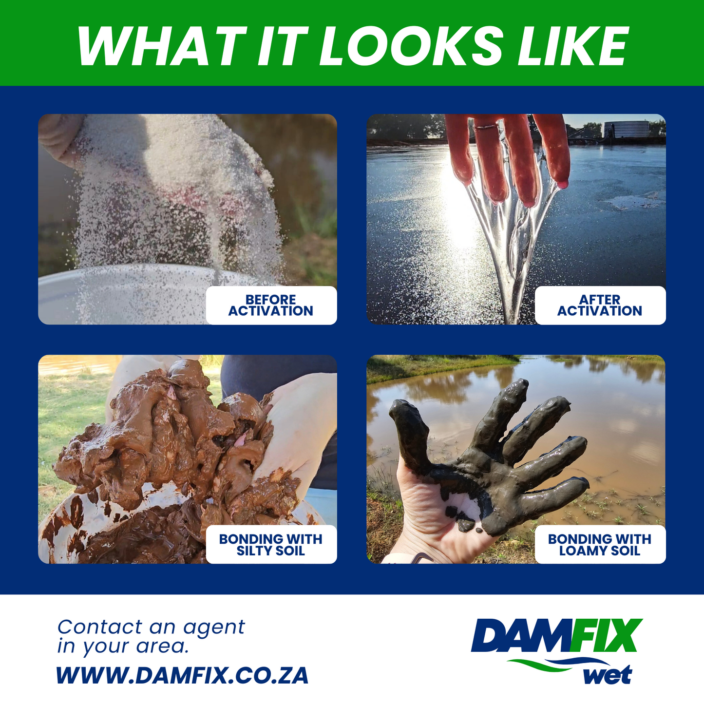 The image displays DAMFIX Wet Earth Dam Sealant in four stages. The first shows the product in its original form, resembling white, sugar-like granules before activation. The second image reveals its gel-like texture after activation with water. The third and fourth images demonstrate how the activated product effectively bonds with two different soil types: silty and loamy.