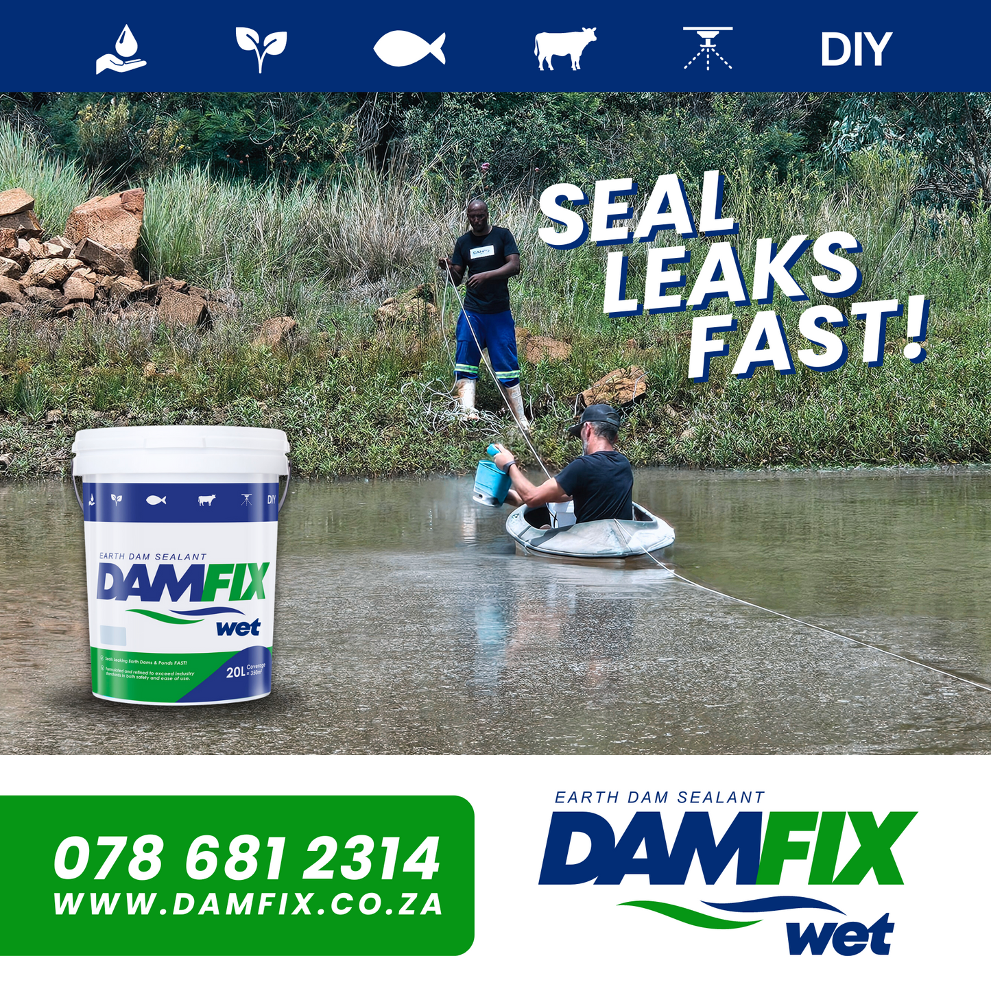 DAMFIX Wet Seal Leaks Fast Earth Dam Sealant with canoe and 20L DAMFIX bucket