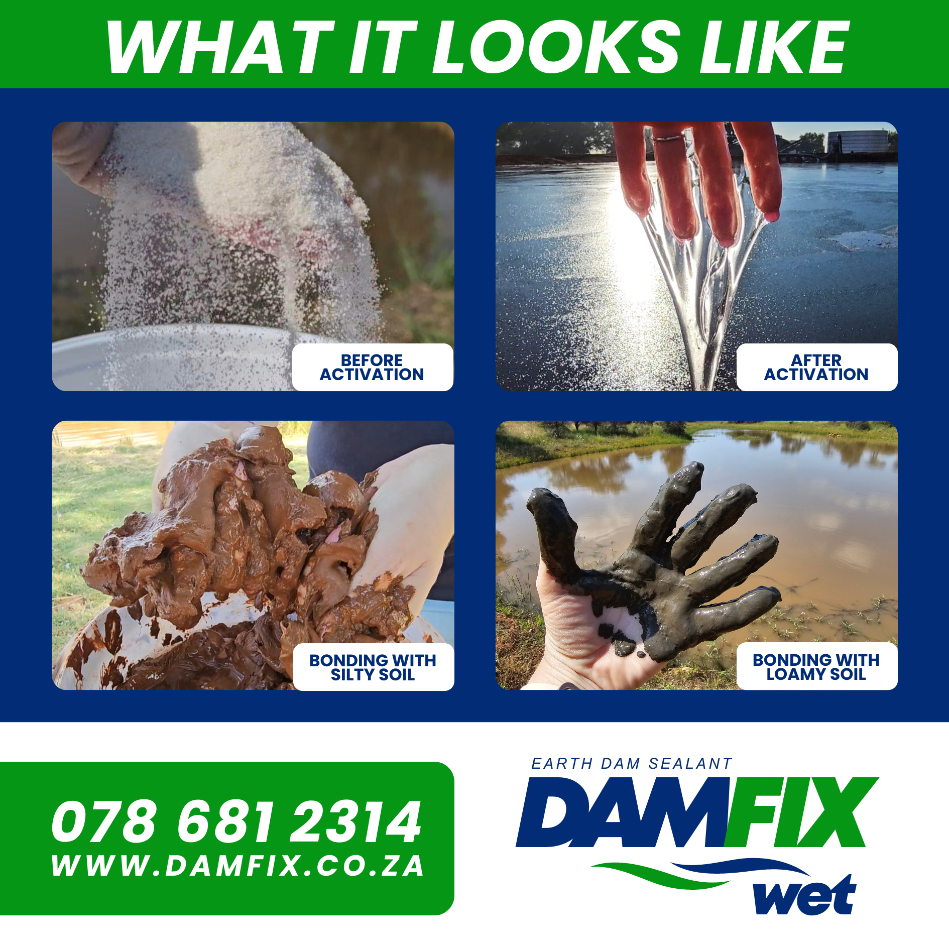 DAMFIX Wet What It Looks Like Before and After Activation, Bonding with Soil