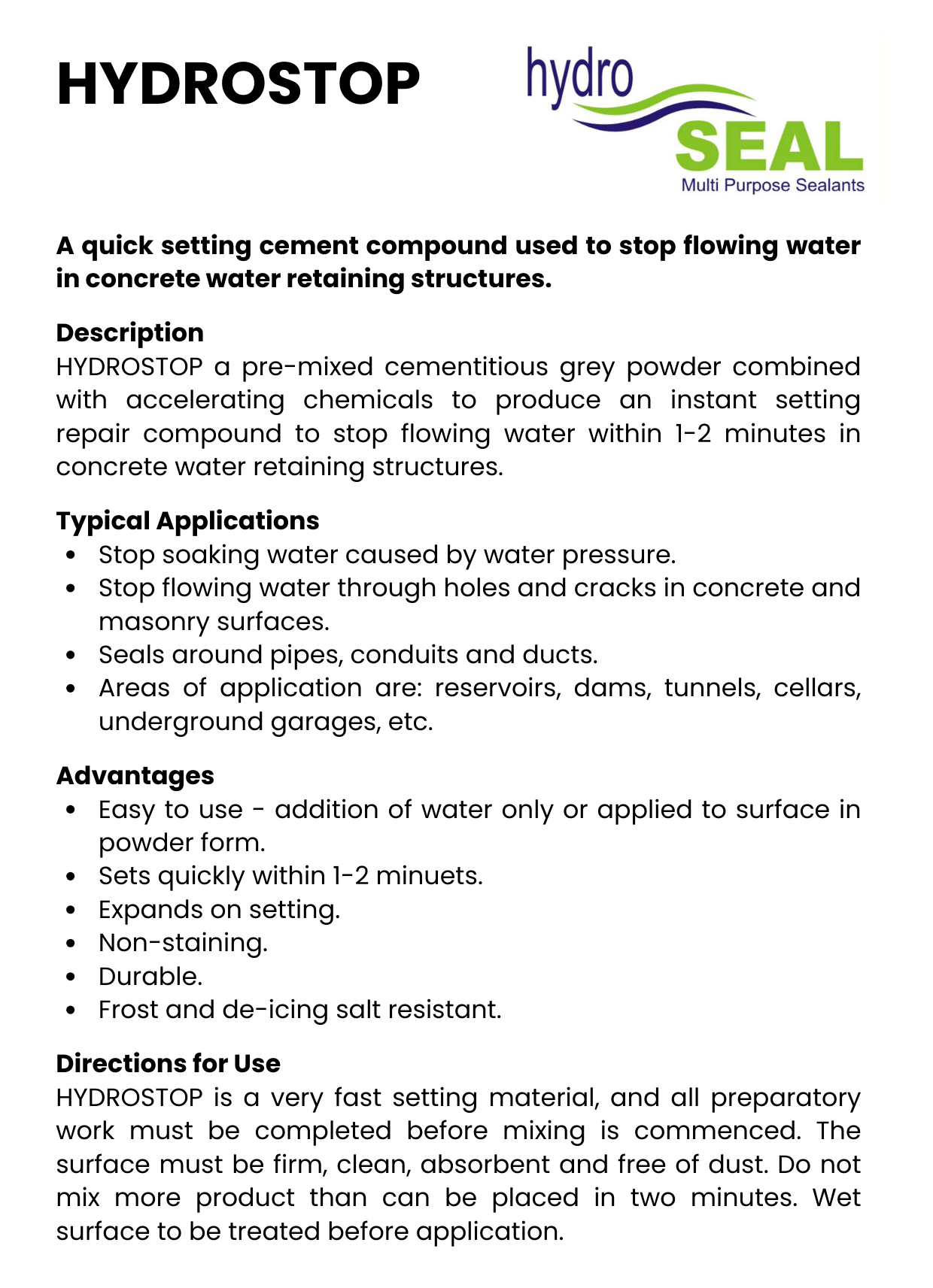 Hydro Stop Quick Reference Guide Front Page