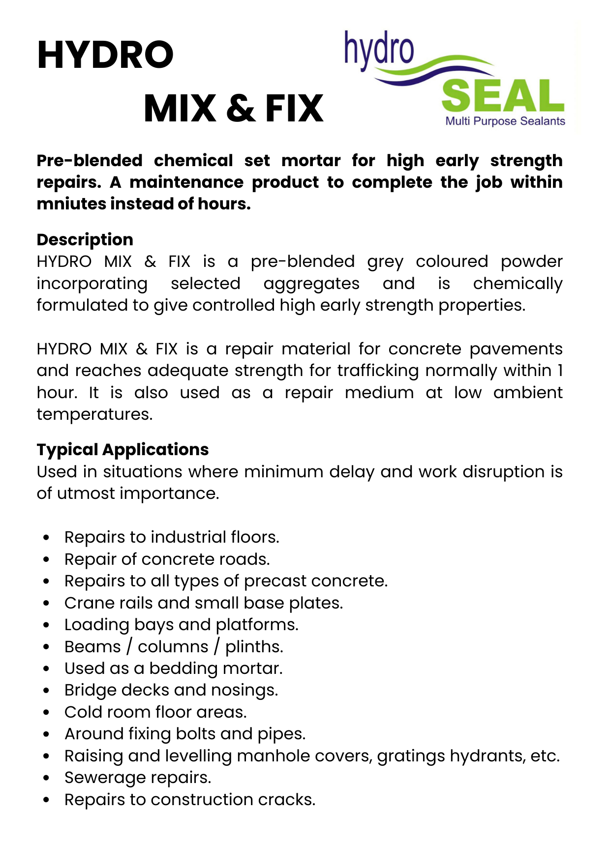 Hydro Mix & Fix Quick Reference Guide Front Page