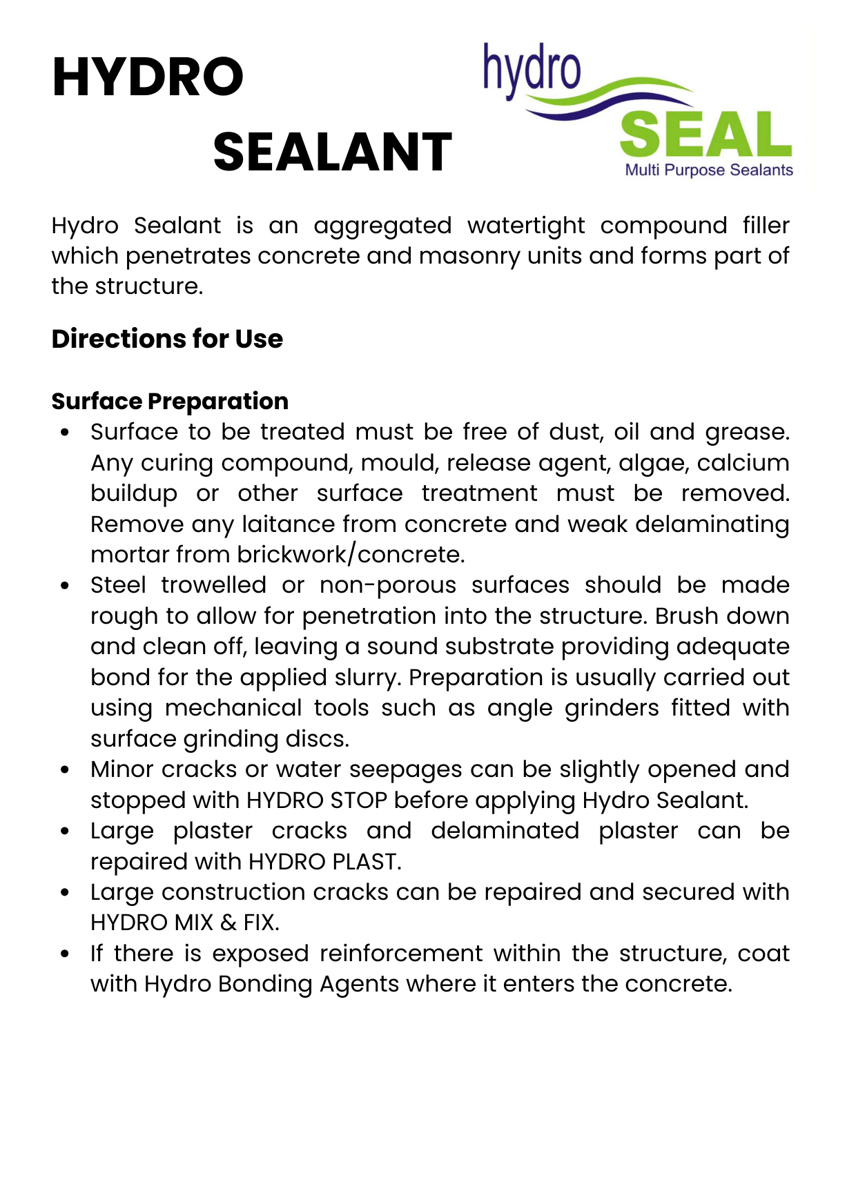 Hydro Sealant Quick Reference Guide Front Page